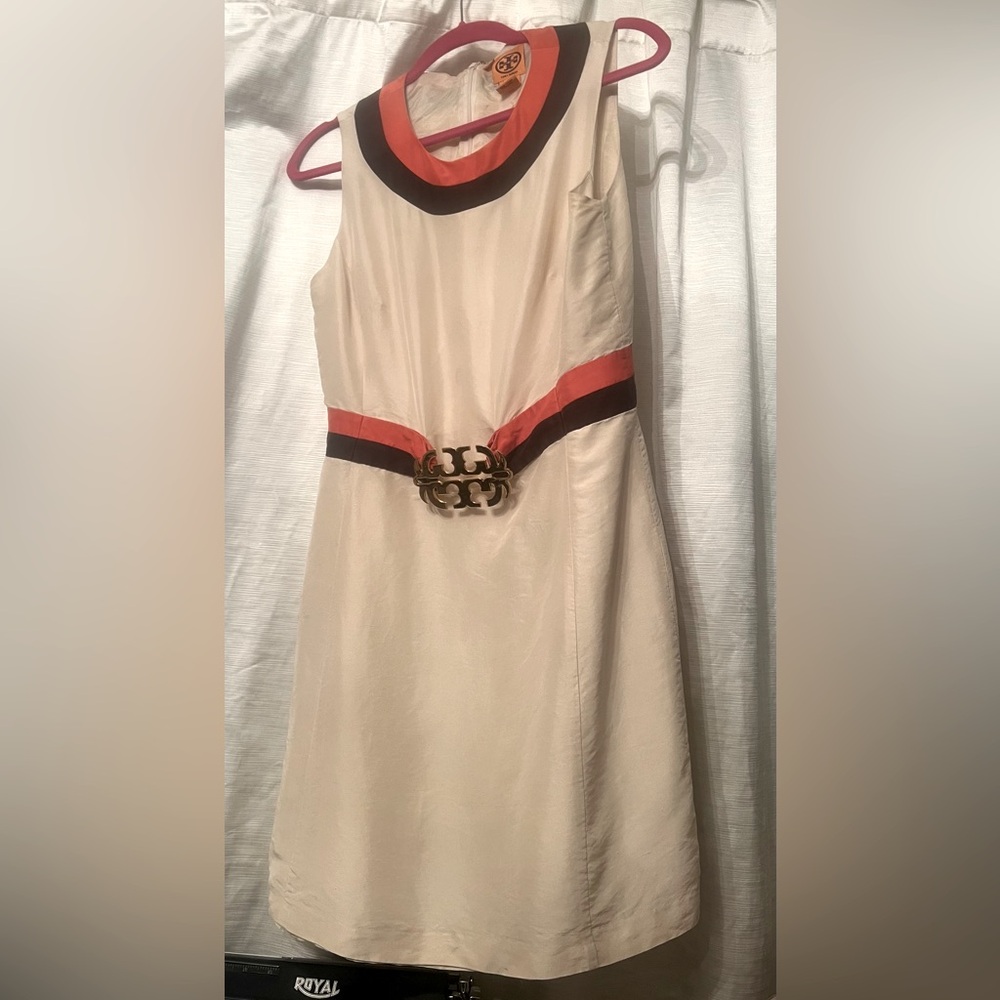 Tory Burch 100% Silk Organza Dress with Orange and Brown Details